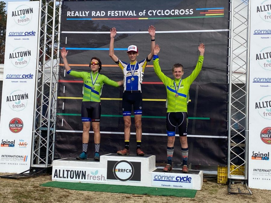 Tim Goodell, far right, on the podium after a bike race