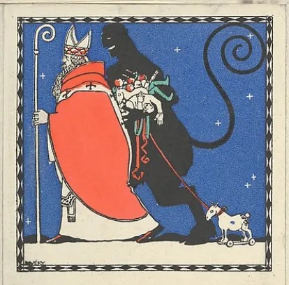 An illustration from 1909 depicting Saint Nicholas and the Krampus.
